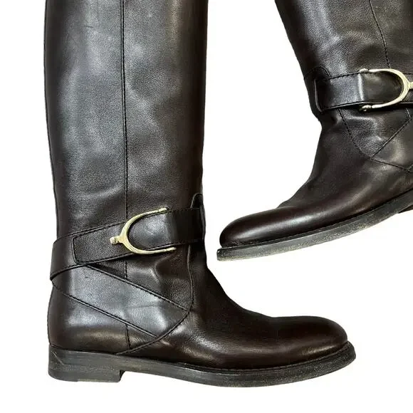 GUCCI Brown Leather Gold Harness Pull On Riding Boots 6.5